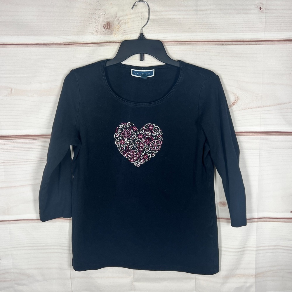 Karen Scott Top Womens Medium Black Cotton T-Shirt Sequin Heart Graphic Solid